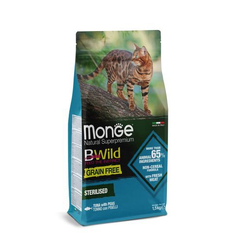 MONGE BWild Cat Grain Free Sterilised 1,5kg bezobilninové kompletní krmivo pro sterilizované dospělé kočky s tuňákem a h