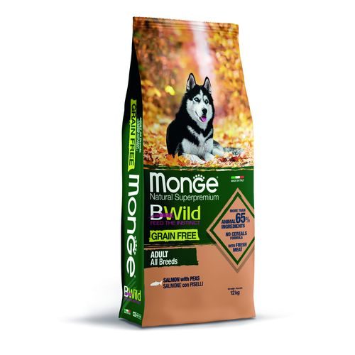 MONGE BWild Grain Free Adult 12kg bezobilninové kompletní krmivo pro dospělé psy všech plemen s lososem a hráškem