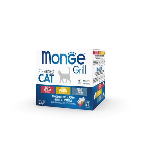 MONGE Grill Sterilised Cat 12x85g kapsičky pro sterilizované kočky telecí/kohoutí/pstruhové