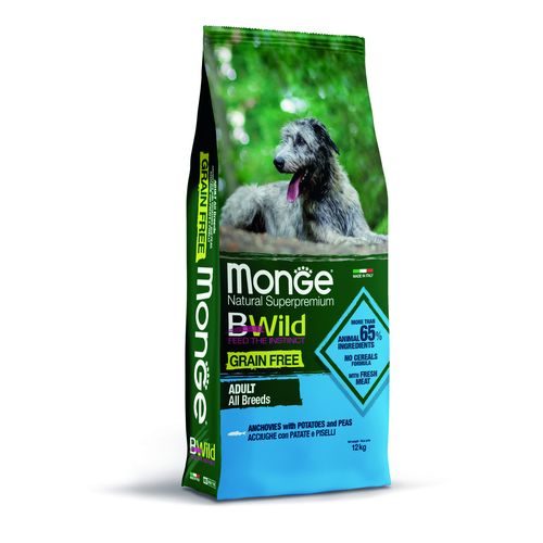 MONGE BWild Grain Free Adults 12kg  bezobilninové kompletní krmivo pro dospělé psy všech plemen s ančovičkami, bramboram
