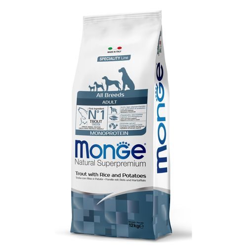 MONGE Natural Superpremium All Breeds Adult 12kg monoproteinové krmivo pstruh/rýže/brambory pro dospělí psi všech plemen