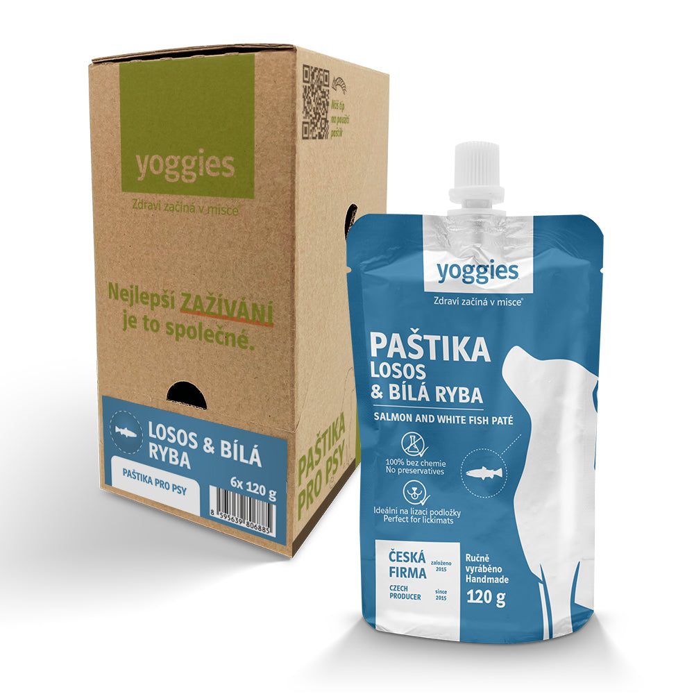 6x120g Yoggies paštika - losos a bílá ryba (krabice)