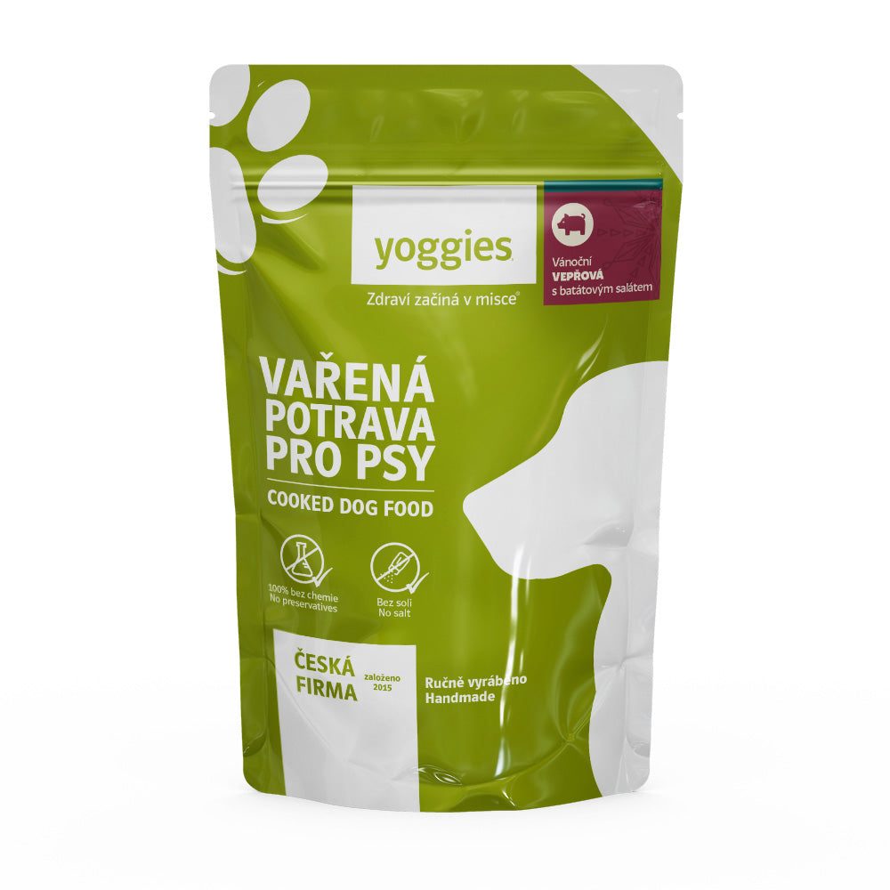 Yoggies Vánoční vařená potrava 650g – vepřová s batátovým salátem