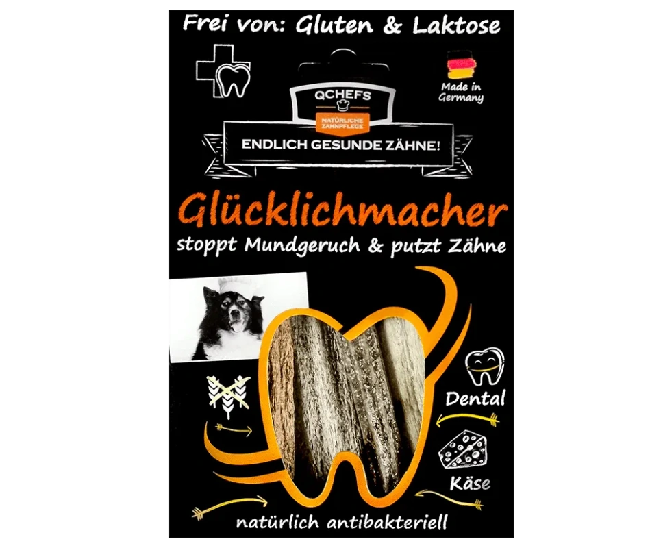 Q-Chefs Čtyři lahodné tyčinky na čištění zubů Psí potěšení se sýrem, sáček 90g