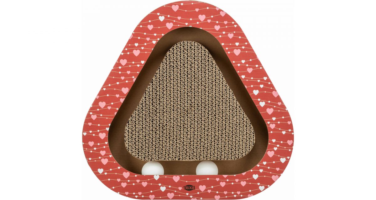 Škrabací karton VALENTINE triangl, s míčky a catnipem, 36 x 5 x 36/36 cm, červená - LIMITOVANÁ NABÍD
